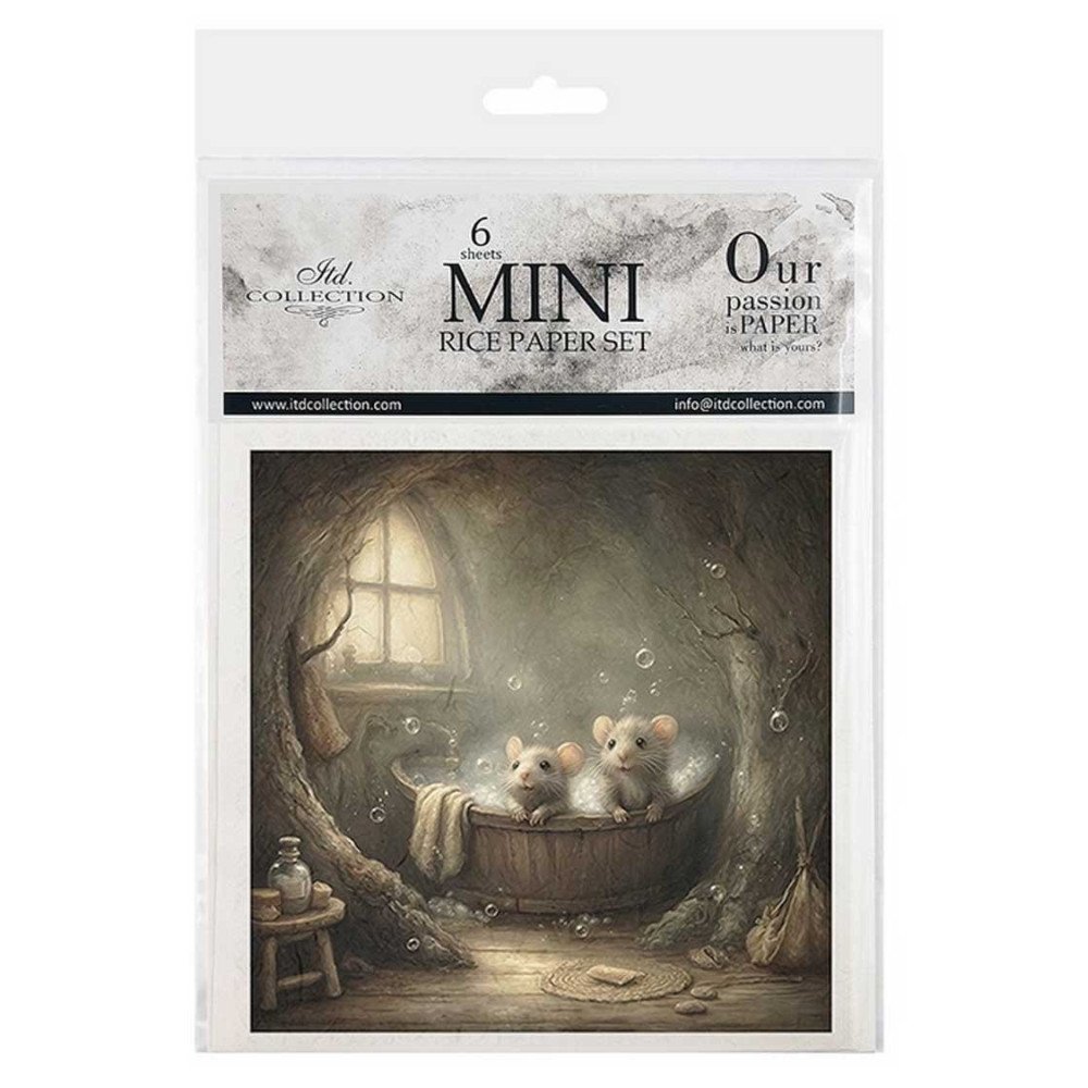 Set de 6 Hojas Mini. Papel de Arroz. ilustraciones de ratones, bosque de cuentos de hadas, escenas domésticas. 14,8 x 14,8cm.