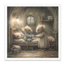 Set de 6 Hojas Mini. Papel de Arroz. ilustraciones de ratones, bosque de cuentos de hadas, escenas domésticas. 14,8 x 14,8cm.