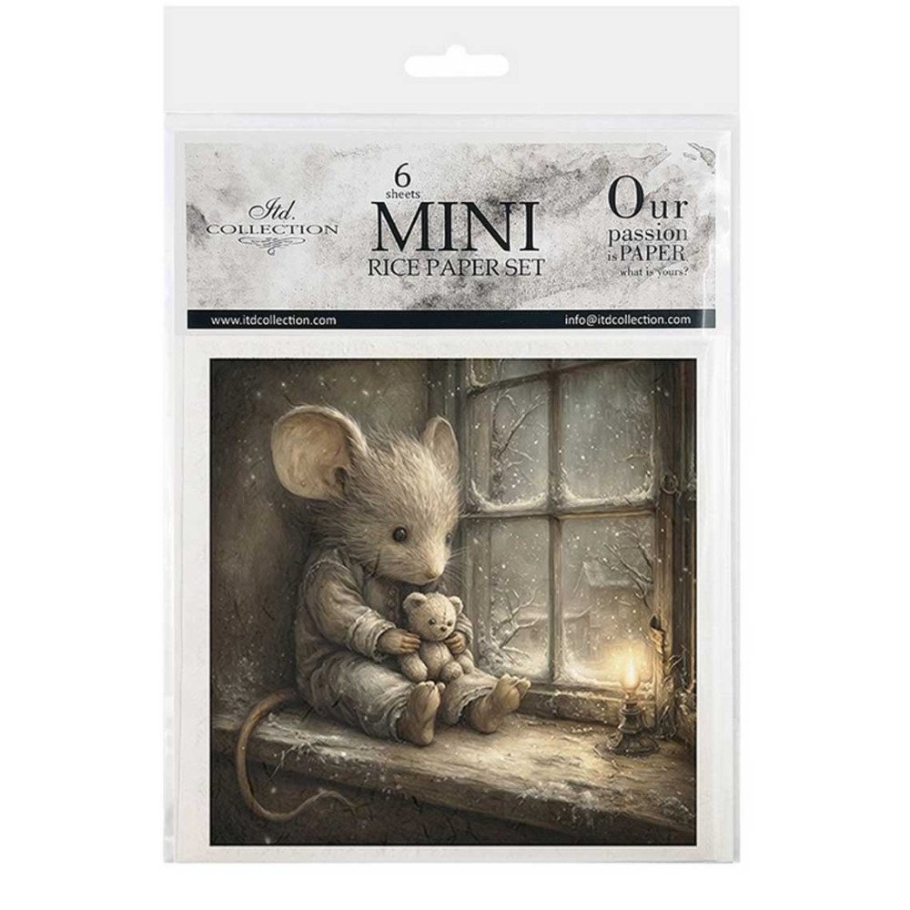 Set de 6 Hojas Mini. Papel de Arroz. Ilustraciones de cuentos de ratones, escenas domésticas. 14,8 x 14,8cm.