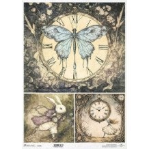 Papel de arroz A3. Alicia en el país de las maravillas. 29,7 x 42 cm. Conejo, Reloj y Mariposa