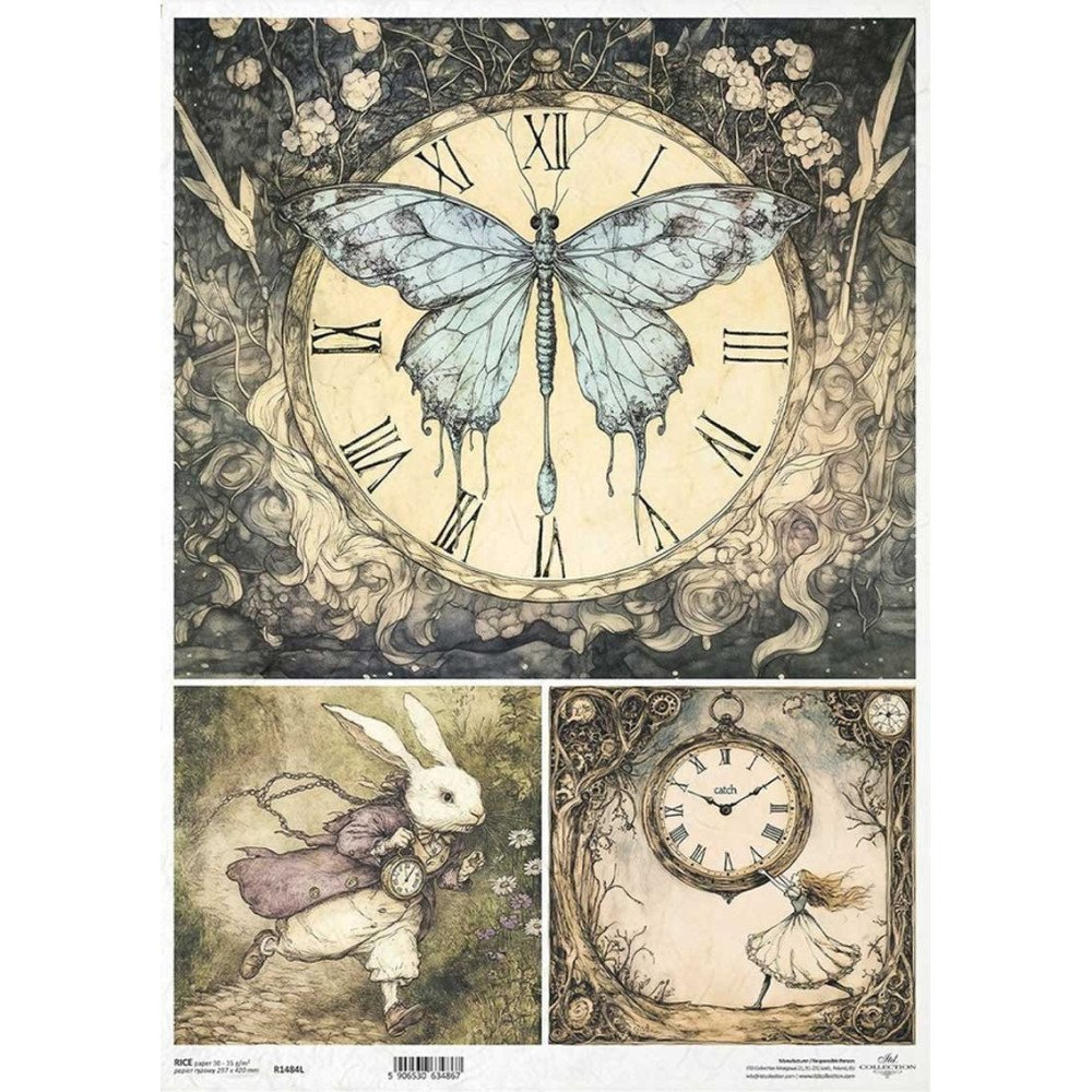 Papel de arroz A3. Alicia en el país de las maravillas. 29,7 x 42 cm. Conejo, Reloj y Mariposa