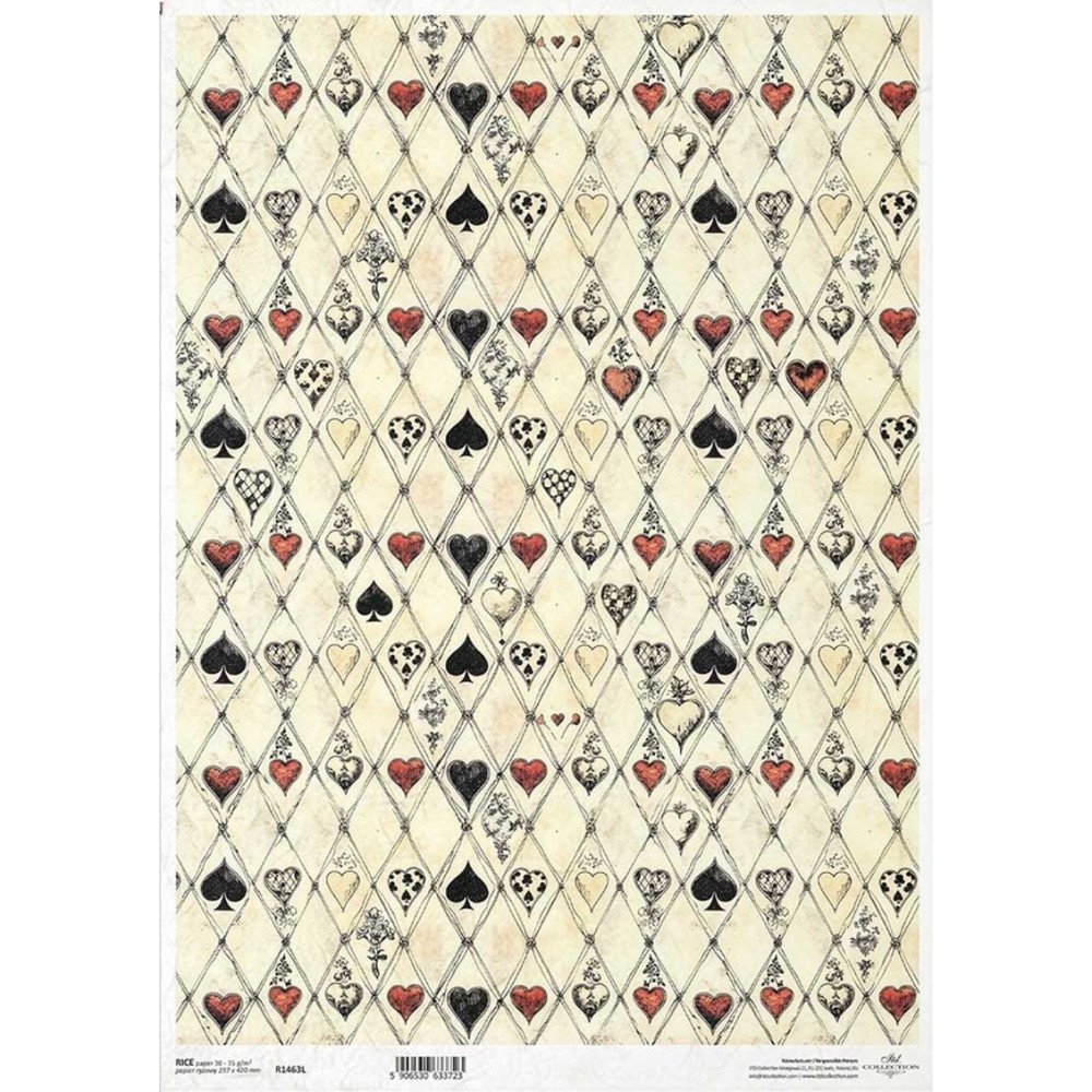 Papel de arroz A3. Alicia en el país de las maravillas. 29,7 x 42 cm. Diamantes, Picas, Tréboles, Corazones
