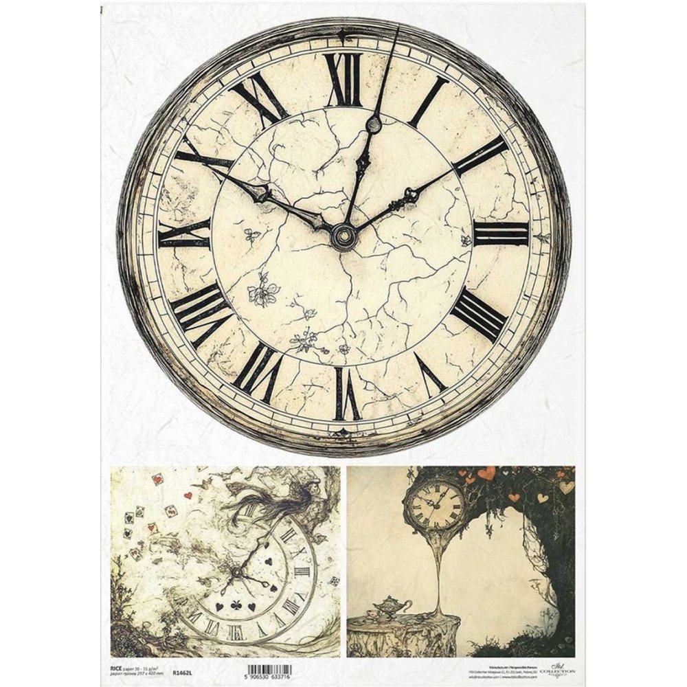 Papel de arroz A3. Alicia en el país de las maravillas. 29,7 x 42 cm. Relojes