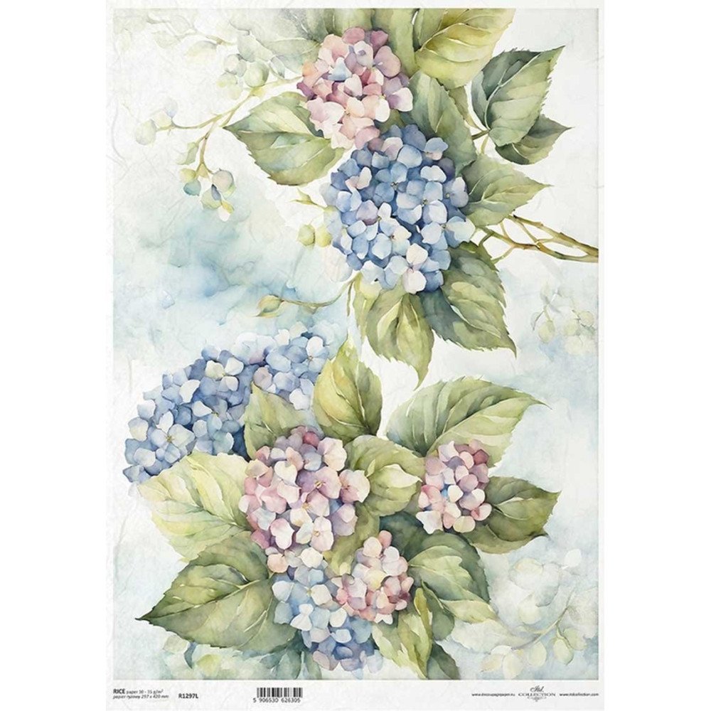 Papel de arroz A3. Blue and Pink Hydrangea Landscape. 29,7 x 42 cm