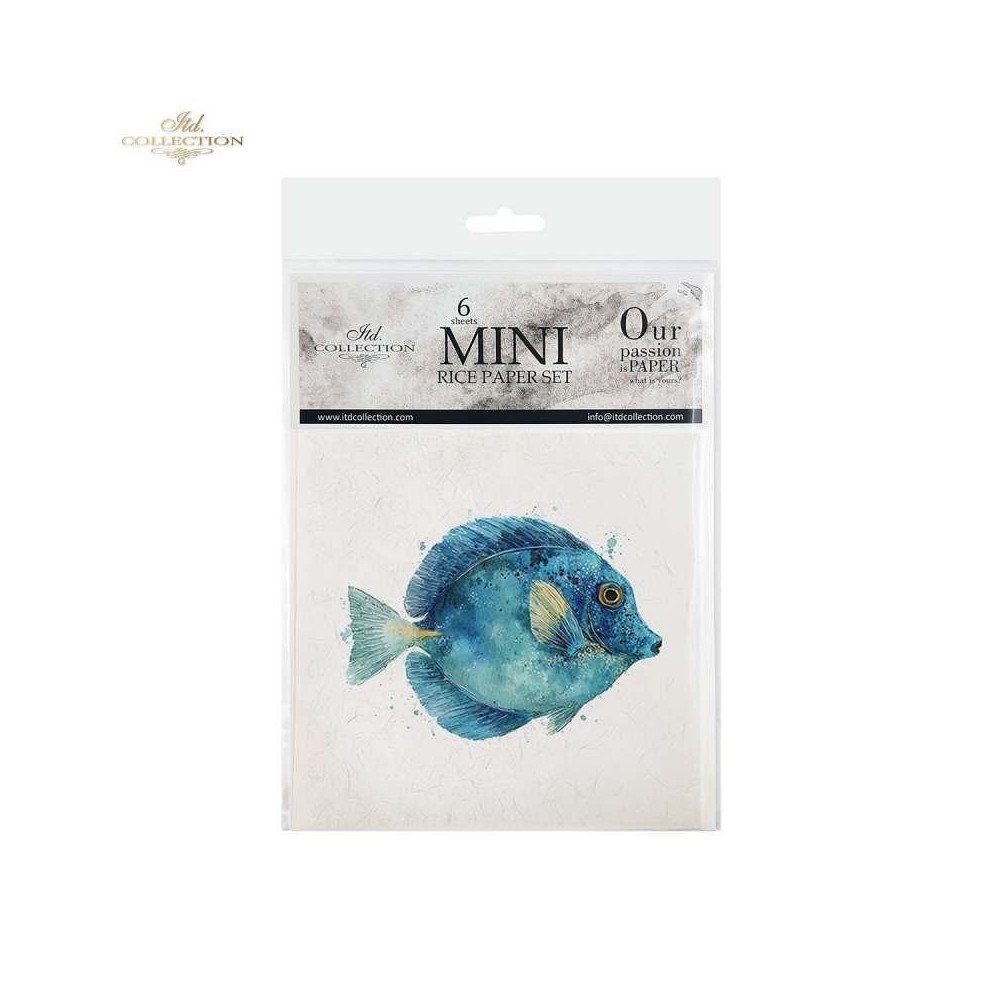 Set de 6 Hojas Mini. Papel de Arroz. Peces Tropicales. 14,8 x 14,8cm.
