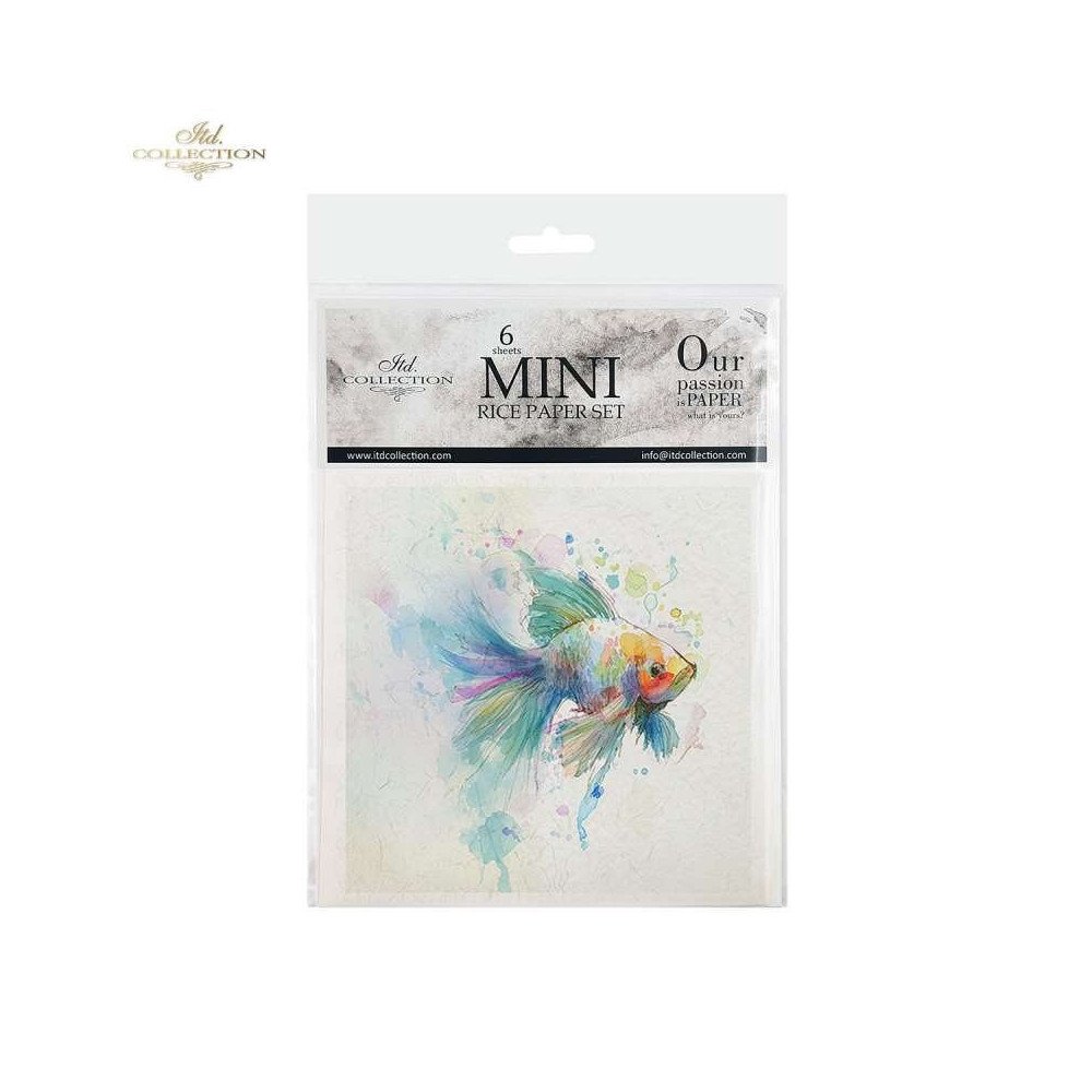 Set de 6 Hojas Mini. Papel de Arroz. ilustraciones de Peces Tropicales. 14,8 x 14,8cm.