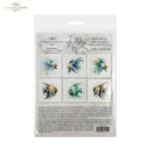Set de 6 Hojas Mini. Papel de Arroz. ilustraciones de Peces Tropicales. 14,8 x 14,8cm.