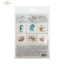 Set de 6 Hojas Mini. Papel de Arroz. Fauna Marina. 14,8 x 14,8cm.