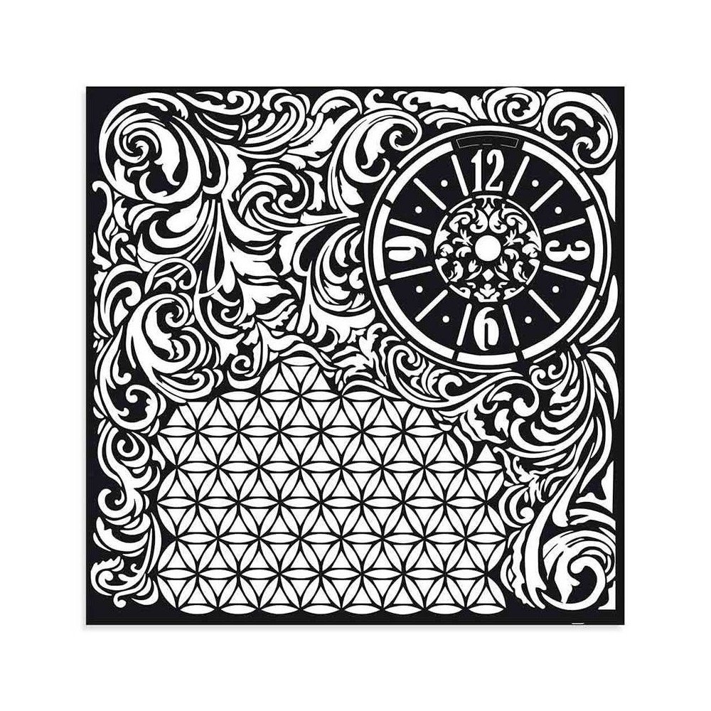 Stencil Stamperia 30 x 30 cm. Reloj y Textura
